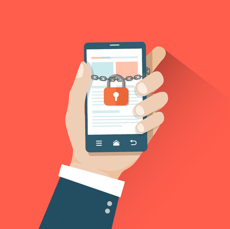 Flat illustration. Hand holding phone with lock on it. security concept. eps10のイラスト素材