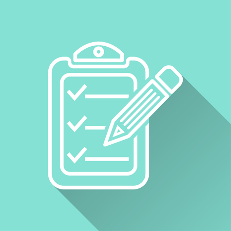 Clipboard pencil   vector icon with long shadow. White illustration isolated on green background for graphic and web design.のイラスト素材
