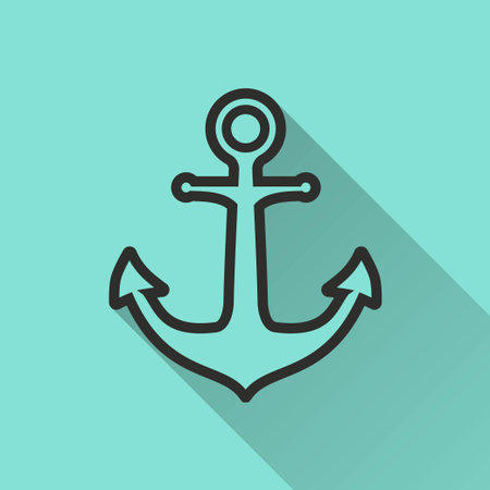 Anchor vector icon with long shadow. Black illustration isolated on green background for graphic and...