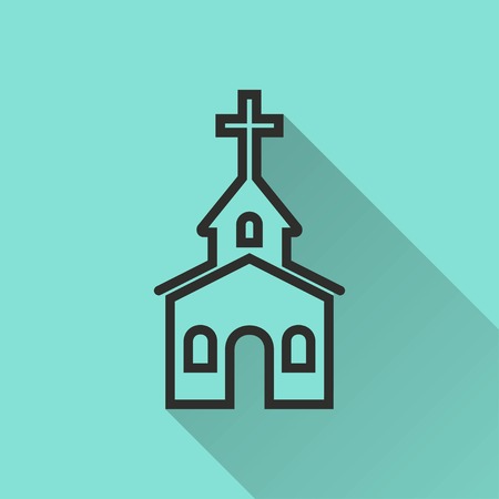 Church vector icon with long shadow. Black illustration isolated on green background for graphic and web design.のイラスト素材