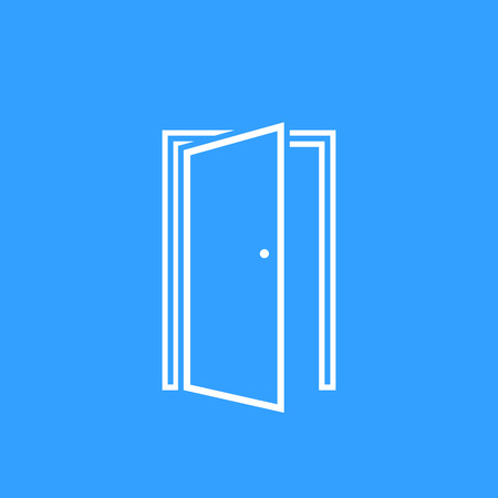 Door vector icon. White Illustration isolated on blue background for graphic and web design.のイラスト素材