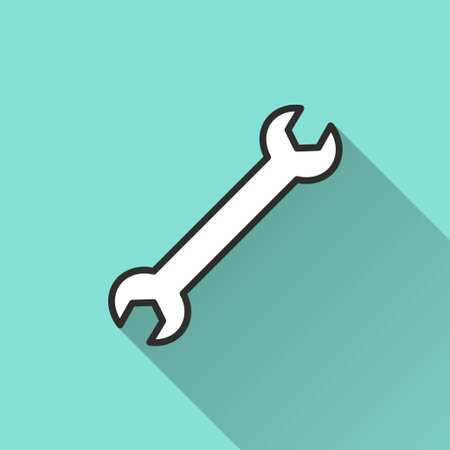 Wrench vector icon with long shadow. White illustration isolated on green background for graphic and web design.のイラスト素材