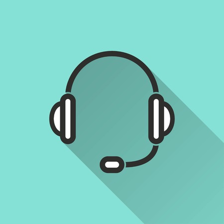Headphone vector icon with long shadow. White illustration isolated on green background for graphic and web design.のイラスト素材