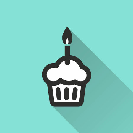 Cake vector icon with long shadow. White illustration isolated on green background for graphic and...