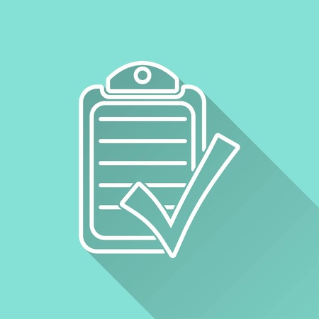 Checklist vector icon with long shadow. White illustration isolated on green background for graphic and web design.のイラスト素材