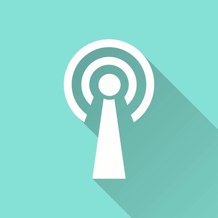 Communication tower vector icon with long shadow. White illustration isolated on green background for graphic and web design.のイラスト素材