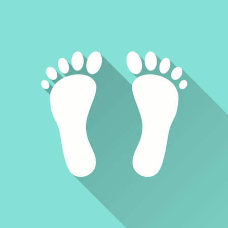 Foot vector icon with long shadow. White illustration isolated on green background for graphic and web design.のイラスト素材