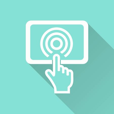 Digital interaction vector icon with long shadow. White illustration isolated on green background for graphic and web design.のイラスト素材