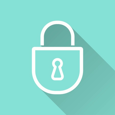 Lock vector icon with long shadow. White illustration isolated on green background for graphic and web design.のイラスト素材