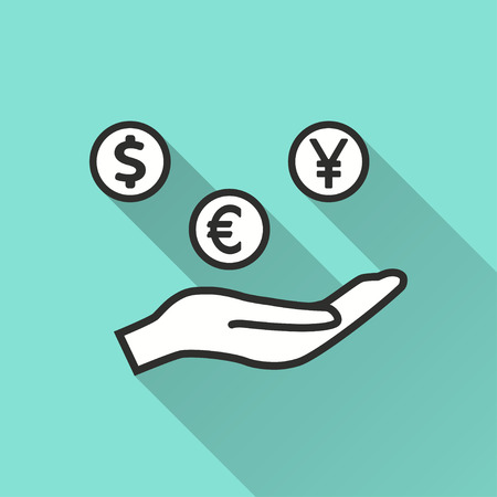 Cash on hand vector icon with long shadow. Illustration isolated on green background for graphic and web design.のイラスト素材