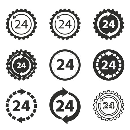 24 hour service vector icons set. Black illustration isolated on white background for graphic and web design.のイラスト素材