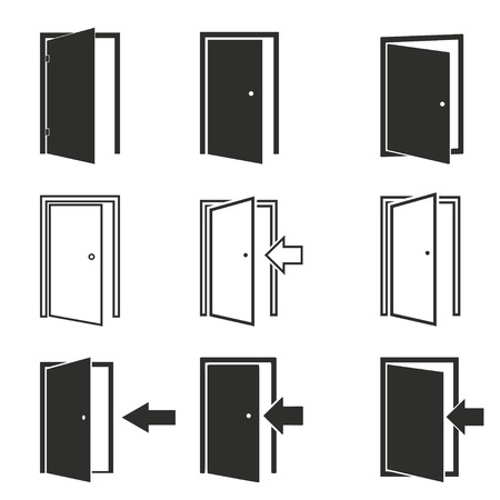 Door vector icons set. Black illustration isolated on white background for graphic and web design.のイラスト素材