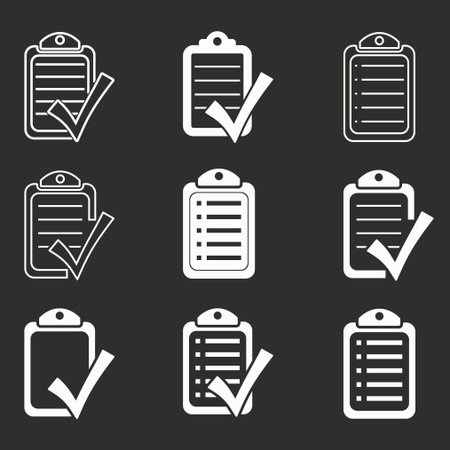 Checklist vector icons set. White illustration isolated on black background for graphic and web design.のイラスト素材