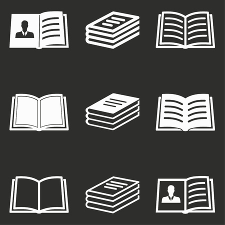 Book vector icons set. White illustration isolated on black background for graphic and web design.のイラスト素材
