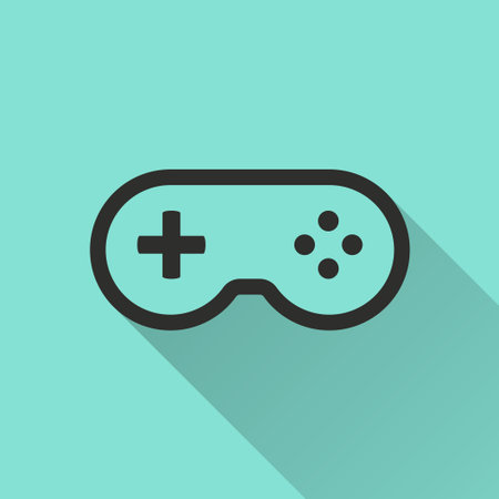 Game controller vector icon with long shadow. Black illustration isolated on green background for graphic and web design.のイラスト素材