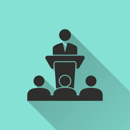 Conferece vector icon with long shadow. Black illustration isolated on green background for graphic and web design.のイラスト素材