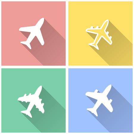 Airplane vector icon with long shadow. White illustration isolated on color background for graphic and web design.のイラスト素材