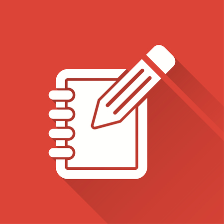 Notepad vector icon with long shadow. White illustration isolated on red background for graphic and web design.のイラスト素材