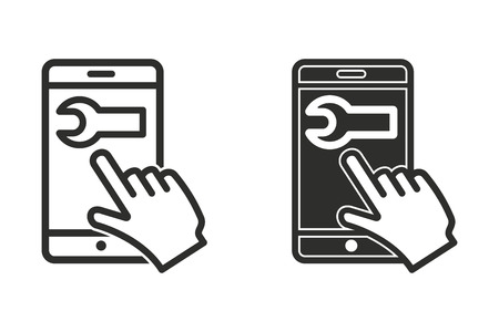 A hand pointing to a cellular phone with a pliers image. Black illustration isolated on white background for graphic and web design.のイラスト素材