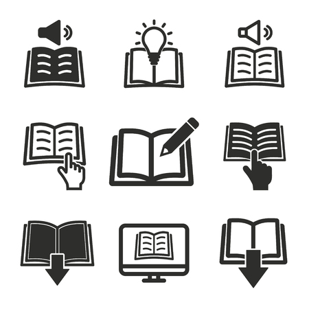 Book vector icons set. Black illustration isolated for graphic and web design.のイラスト素材