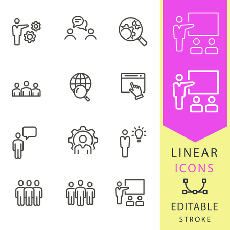 Management consulting vector icons set. Black illustration isolated for graphic and web design. Editable stroke. Business, workshop, conference, meeting, ets.のイラスト素材