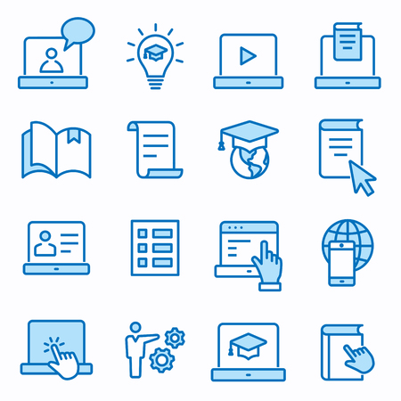 E-learning distance education flat line icons. Set of graduation cap, training, laptop, learn online, webinar and more. Editable Strokes.のイラスト素材