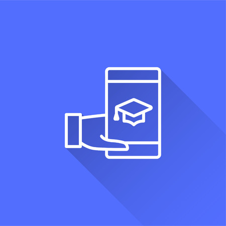 E-learning distance education vector icon with long shadow. Illustration isolated on blue background for graphic and web design.のイラスト素材