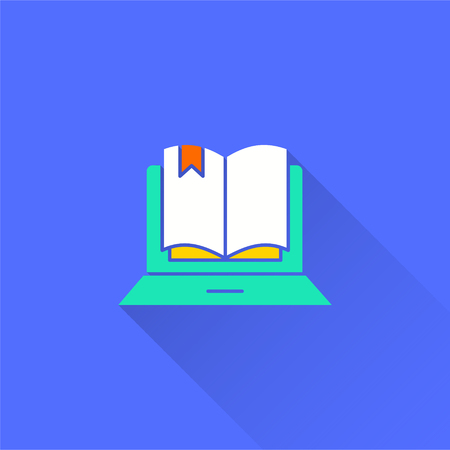 E-learning distance education vector icon with long shadow. Illustration isolated on blue background for graphic and web design.のイラスト素材