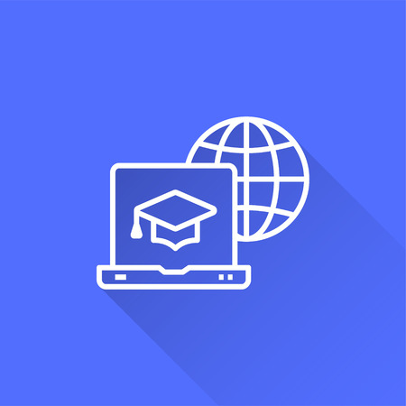 E-learning distance education vector icon with long shadow. Illustration isolated on blue background for graphic and web design.のイラスト素材