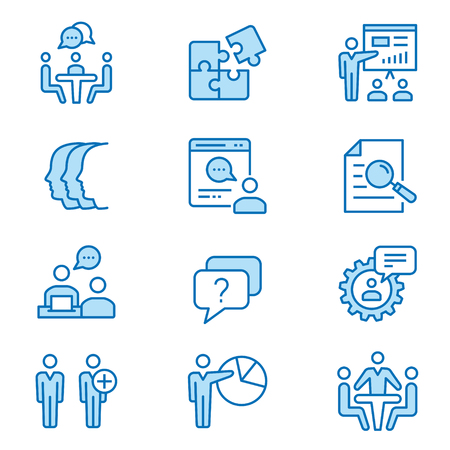 Management consulting flat line icons. Set of conference, consult, team, workshop and more. Editable Stroke. Change to any size and any colour.のイラスト素材