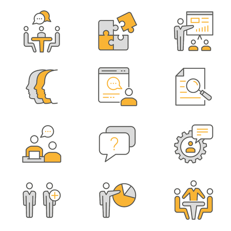 Management consulting flat line icons. Set of conference, consult, team, workshop and more. Editable Stroke. Change to any size and any colour.のイラスト素材