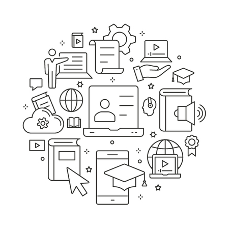 E-learning distance education outline icons set for interface, website, banner, print.のイラスト素材