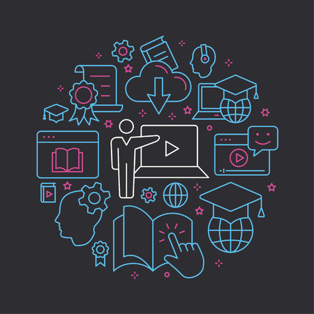 E-learning distance education outline icons set for interface, website, banner, print.のイラスト素材