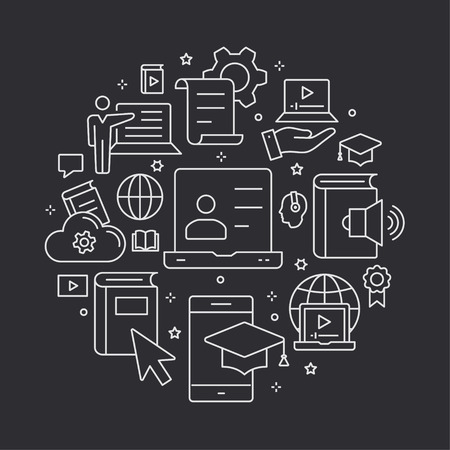 E-learning distance education outline icons set for interface, website, banner, print.のイラスト素材