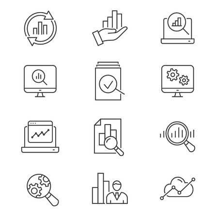Data analysis line icons. Set of business, research, market, compute, statistic and more. Vector illustration isolated for graphic and web design. Editable stroke.のイラスト素材