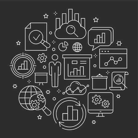 Data analysis circle template outline icons. Set of research, market, compute, statistic, information and more.のイラスト素材