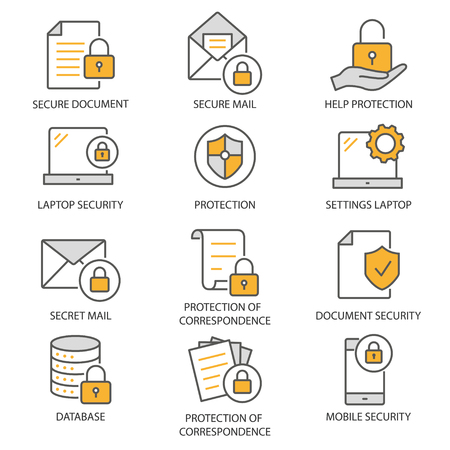 Data security flat line icons. Set of protection, shield, safety, access, secure and more. Editable Stroke.のイラスト素材