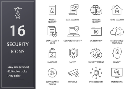 Security line icons. Set of shield, privacy, protection, defense and more. Vector illustration isolated for graphic and web design. Editable stroke.のイラスト素材