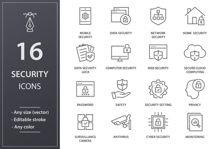 Security line icons. Set of shield, privacy, protection, defense and more. Vector illustration isolated for graphic and web design. Editable stroke.のイラスト素材