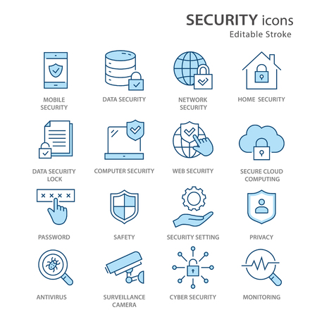 Security flat line icons. Set of privacy, protection, defense and more. Editable Stroke. Change to any size and any colour.のイラスト素材