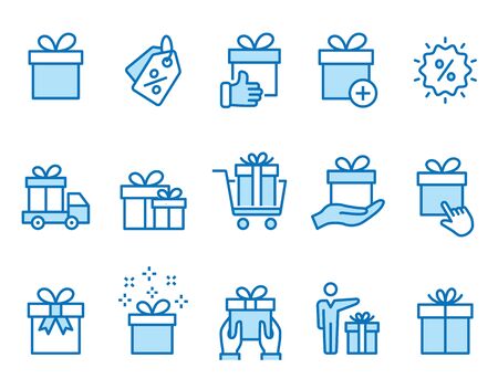 Set of gift box icons, such as present, discount, package, price tag. Vector illustration isolated for graphic and web design. Editable stroke.のイラスト素材