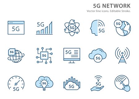 5g network icons, such as signal, wifi, antenna, radio, and more. Vector illustration isolated on white. Editable stroke.のイラスト素材