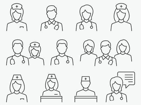 Doctor and Nurse line icons. Vector illustration isolated on white. Editable stroke.のイラスト素材