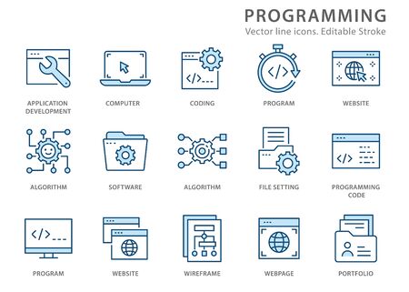 Programming icons, such as develop, software, coding, algorithm and more. Vector illustration isolated on white. Editable stroke.のイラスト素材