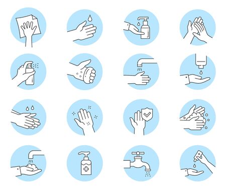 Hand washing icons, such as clean, wipe, palm and more. Vector illustration isolated on white.のイラスト素材