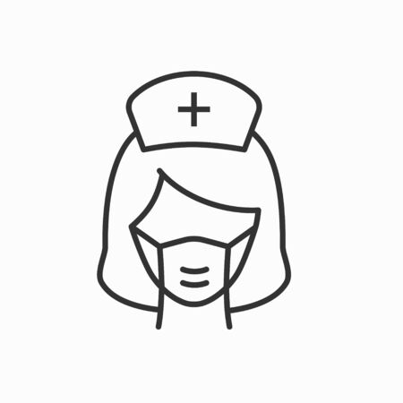 Nurse with a protection mask outline icon on white background. Editable stroke. Vector illustration.のイラスト素材