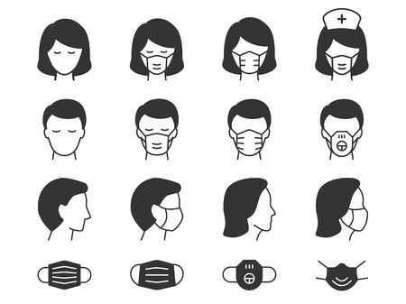 Man and Woman in medical mask icons. Vector illustrations on white.のイラスト素材