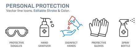 Personal protection icons. Disinfect, antibacterial gel, goggles, gloves, spray bottle vector illustrations. Editable stroke.のイラスト素材