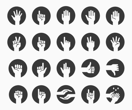 Hand gestures icons set, such as finger, touch, point, fist, and more. Vector illustration.のイラスト素材