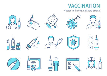 Vaccine icon set. Collection of syringe,  and more. Vector illustration. Editable Stroke.のイラスト素材